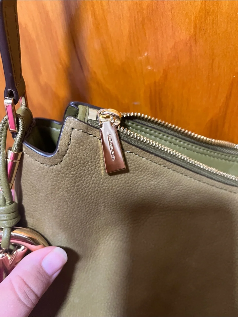 Michael Kors Olive Green Leather Hobo with Gold MK Charm
